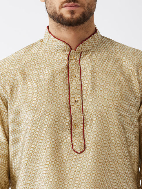 Vastramay Men's Beige And Maroon Silk Blend Kurta And Dhoti Set